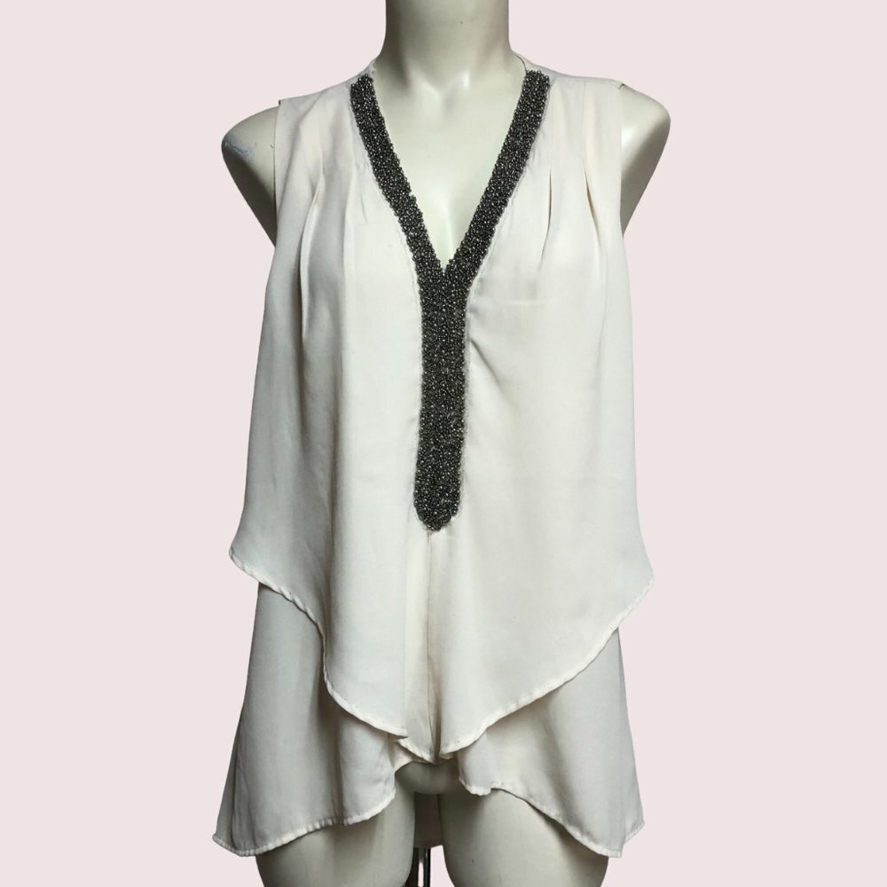 Spense Cream Sleeveless Blouse With Beaded Deep V Neckline Size Medium